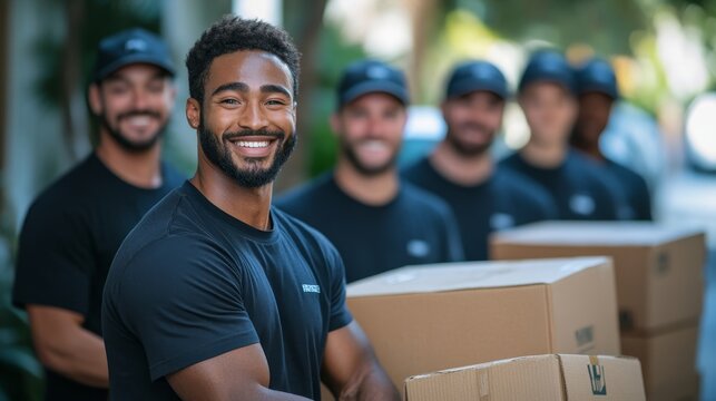 Diverse team of professional movers delivering boxes, Generative AI