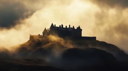 Obraz premium Misty mountaintop castle silhouette.