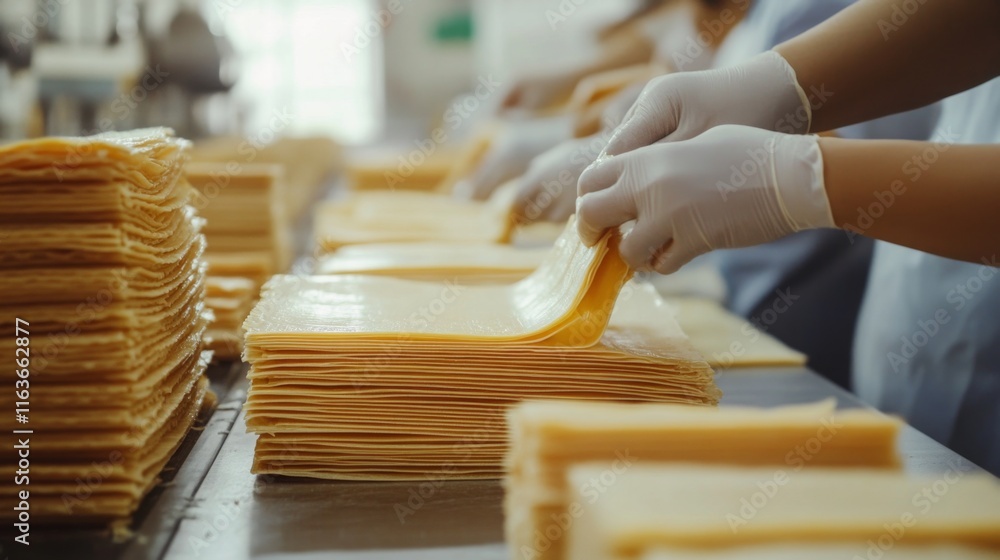 Poster workers are efficiently stacking processed cheese slices on a production line in a large food proces