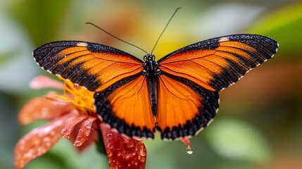 Naklejka premium Close-up of an orange butterfly with black markings on a flower with dew drops.
