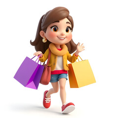 Fototapeta premium happy shopping girl with bags cartoon 3D character 