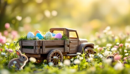 A rustic wooden truck carries vibrant Easter eggs across a green field, embodying the spirit of Happy Easter Day