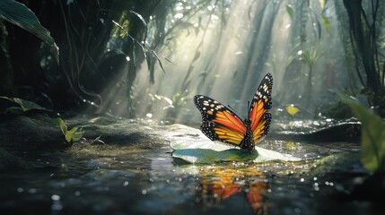 Monarch Butterfly Resting On A Leaf By A Forest Stream