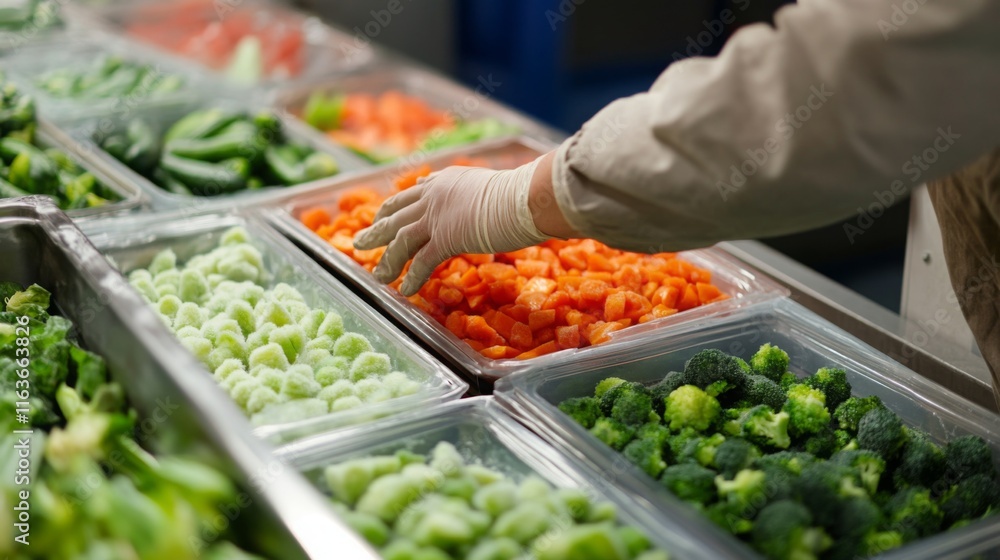 Fototapete Workers at a food production facility sort and prepare vegetables, ensuring quality and freshness. The use of AI technology streamlines the process, improving efficiency in vegetable handling.