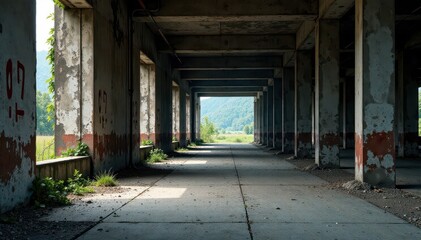 Abandoned industrial landscape with crumbling concrete , pollution, factory