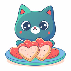 Cute cat with heart-shaped cookies on plate in whimsical kitchen setting cartoon style