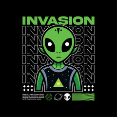 alien t-shirt vector design with text "invasion". streetwear and Urban style on black background