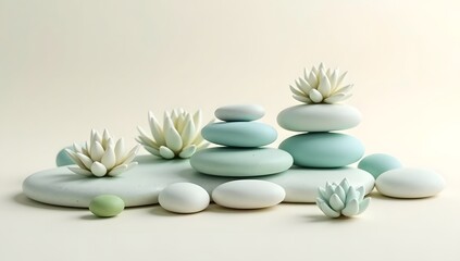 Spa stones and flower create a zen balance of stacked pebbles, a harmonious meditation concept for wellness and beauty