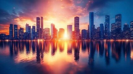 Fototapeta premium Dramatic sunset over a modern city skyline reflected in calm water.