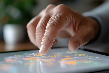 Fototapeta premium Close-up of a hand interacting with a tablet screen displaying financial data and colorful graphs, symbolizing technology and investment