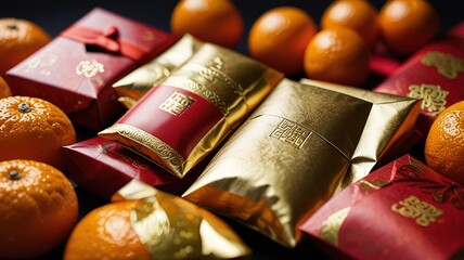 Mandarin orange Chinese gold and red packet