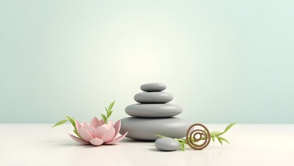 Spa stones and flower create a zen balance of stacked pebbles, a harmonious meditation concept for wellness and beauty