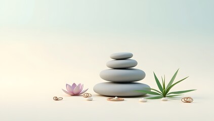 Obraz premium Spa stones and flower create a zen balance of stacked pebbles, a harmonious meditation concept for wellness and beauty