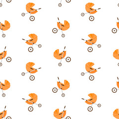 Orange baby stroller vector seamless pattern. Perambulator, pram, pushchair background, packaging