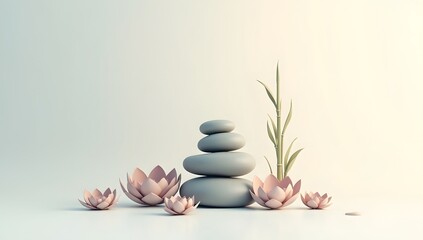 Spa stones and flower create a zen balance of stacked pebbles, a harmonious meditation concept for wellness and beauty