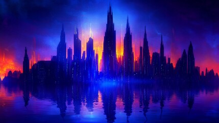 Obraz premium Futuristic city skyline at sunset, vibrant colors reflecting on water.