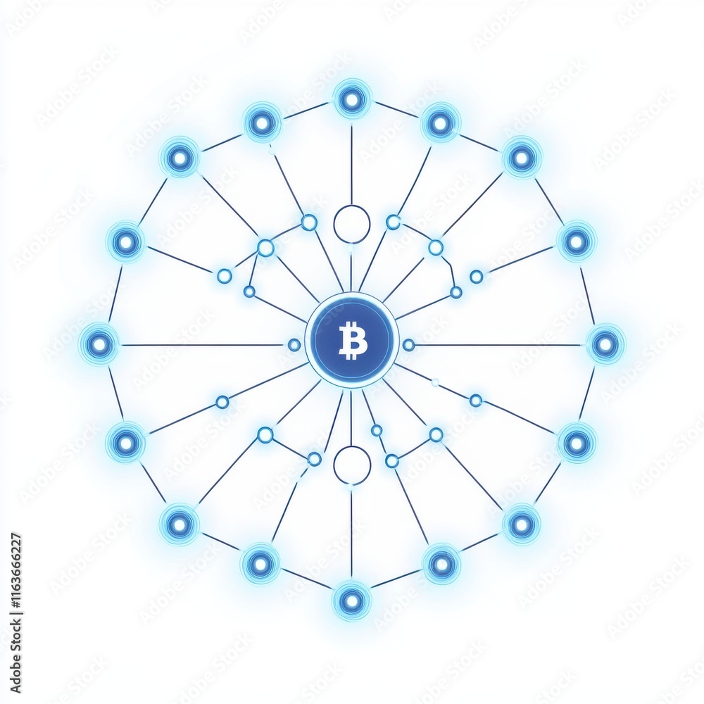 Poster abstract representation of a bitcoin network, featuring interconnected nodes in a blue glow.