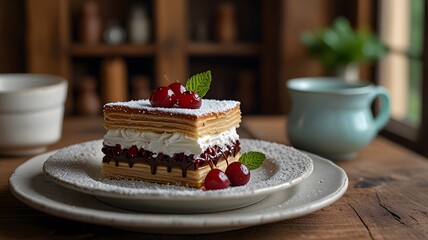 Home comfort: an appetizing dessert made of puff pastry with cream and cherries on a wooden table, decorated with powdered sugar, against the background of ceramic dishes and greenery, creating an atm