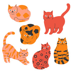 Set of cute red, spotted and striped cats. Vector graphics.