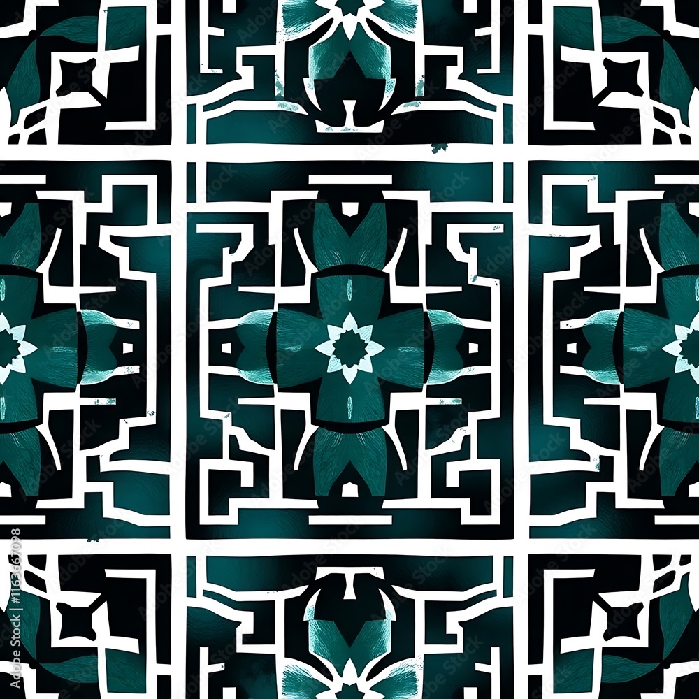 Poster abstract teal geometric pattern: this intricate, seamless pattern features a mesmerizing blend of te
