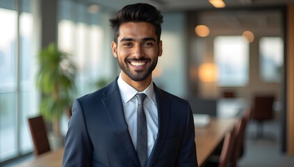Fototapeta premium A confident businessman smiling in a suit at the office