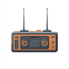 Colorful vintage radio design featuring dual antennas and a vibrant orange and gray color scheme.