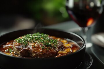 Fototapeta premium Juicy beef steak simmering in rich sauce, garnished with fresh herbs and served with a glass of red wine.