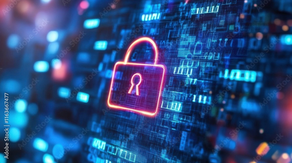 Poster cybersecurity graphics with security lock and digital elements