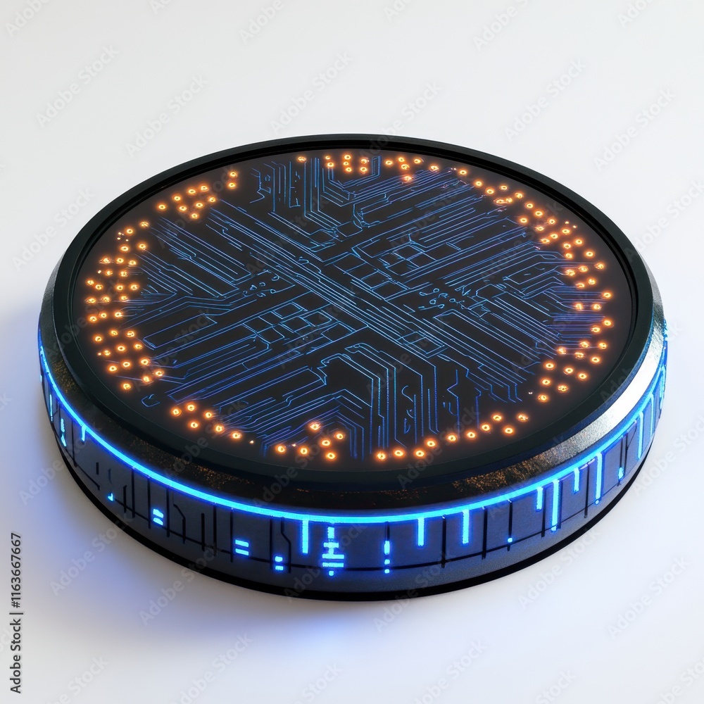 Poster futuristic round device with glowing circuit design, creating a high-tech ambiance.