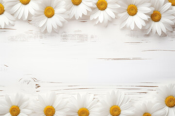 row of daisy_flower on white wooden background with copy space