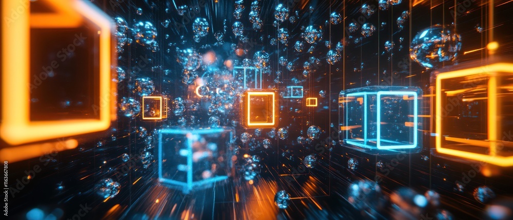 Poster abstract digital tunnel with glowing cubes and particles.