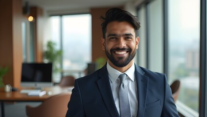 Fototapeta premium A confident businessman smiling in a suit at the office