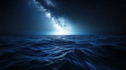 [Full moon reflecting off ocean surface at night] Night Sky Over Ocean with Celestial Body Breaking Horizon