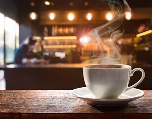 Una taza de café caliente y humeante sobre la barra de una cafeteria de ambiente cálido y acogedor, ideal para ilustrar hostelería, desayuno y cultura del café