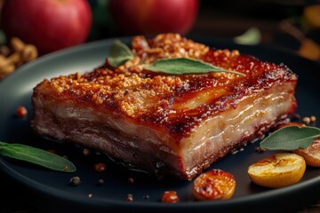 A beautifully roasted pork belly dish garnished with herbs and served on a dark plate.