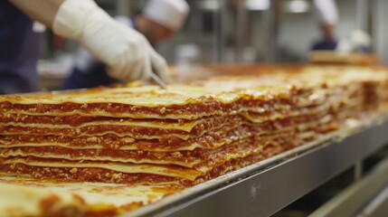 Workers in a food production facility are preparing layers of lasagna with a focus on efficiency.
