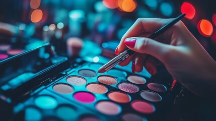 Close-up of Makeup Artist s Hand Applying Eyeshadow, Colorful Palette, Beauty and Glamour