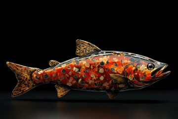 A strikingly detailed fish sculpture with vibrant colors on a dark background, showcasing artistic craftsmanship.