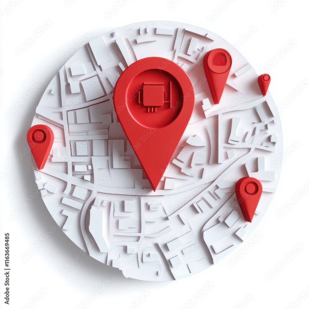 Aufkleber a 3d illustration of a city map with red location pins, symbolizing navigation and mapping technolog