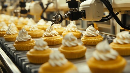 Cupcakes are moving along an automated production line in a food manufacturing facility.