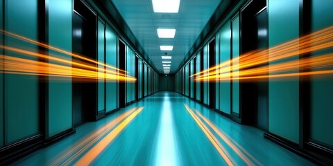 Fototapeta premium High-speed data transmission in server room technology facility digital environment futuristic viewpoint