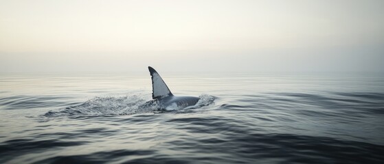 Fototapeta premium Orca's dorsal fin emerges from ocean water.