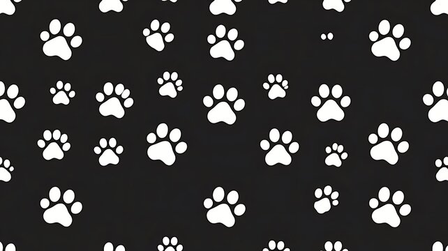 Paw print seamless pattern, cat, dog foot, black background.