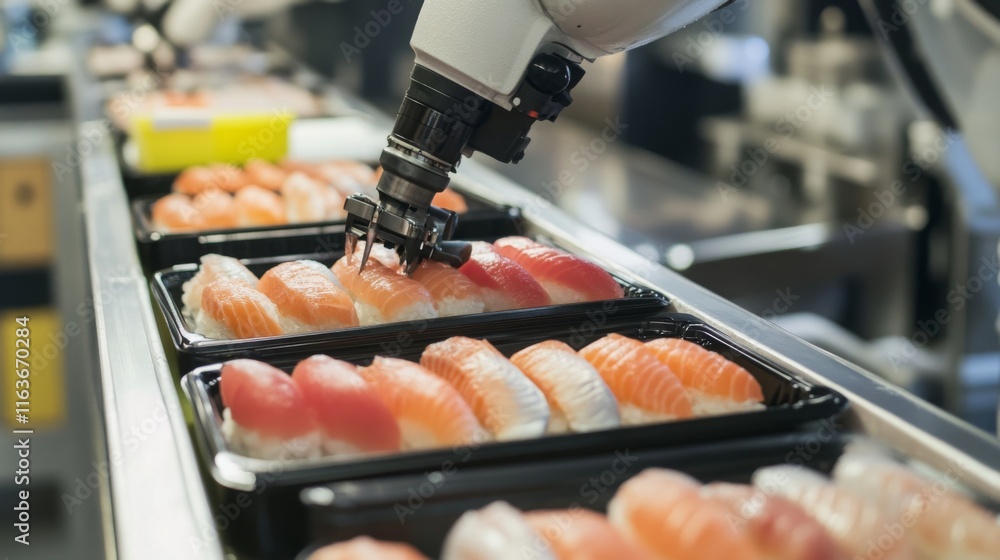 Aufkleber robots expertly assemble sushi rolls on a production line, enhancing speed and precision in food pre