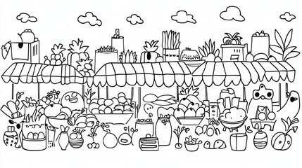 A bustling street market coloring book illustration with vendors selling fresh fruits, spices, and handmade crafts. Include shoppers bargaining, kids enjoying street food, and detailed patterns 