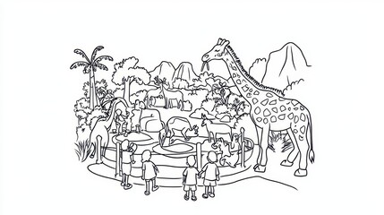 Fototapeta premium A bustling zoo coloring book page featuring families visiting animals like giraffes, lions, and penguins in their enclosures. Add zookeepers feeding animals and intricate details on the animal 