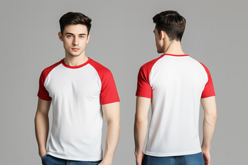 man wearing a white and red short-sleeve raglan t-shirt mockup front and back used as design template