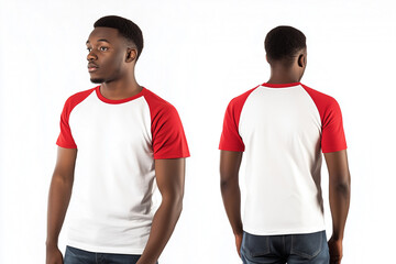 man wearing a white and red short-sleeve raglan t-shirt mockup front and back used as design template