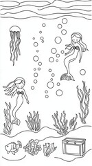 Fototapeta premium A calming underwater coloring book scene with mermaids lounging near coral reefs, schools of fish swimming by, and treasure chests half-buried in the sand. Include jellyfish floating gently 