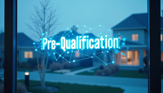 Pre-Qualification glowing text banner with real estate visuals and housing network
